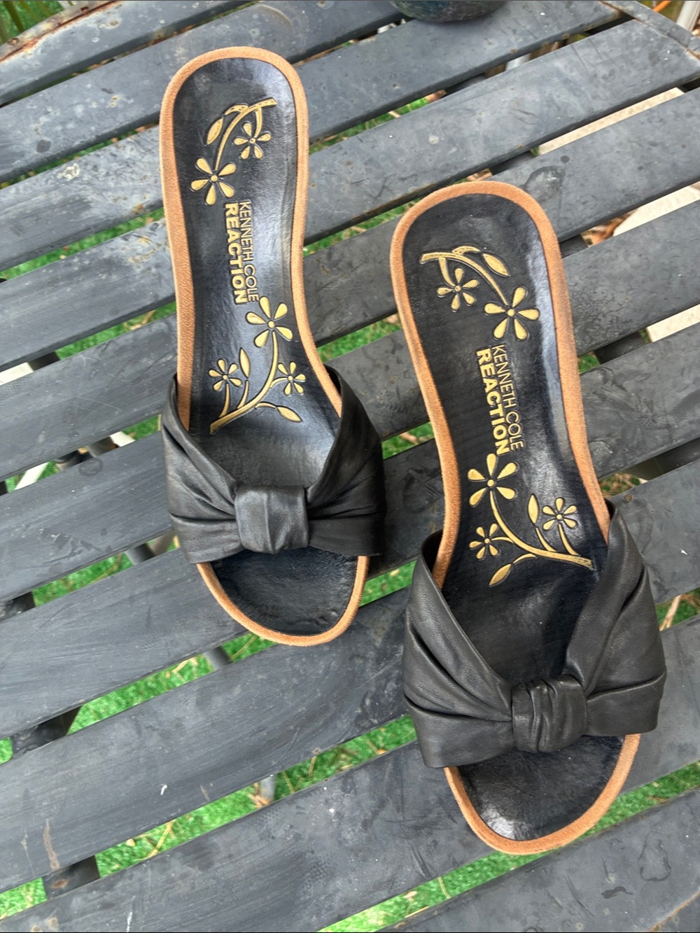 VTG Style Black Leather Open Toe Platform 4” Heel Comfy Mule Sz 8.5 Worn 1x